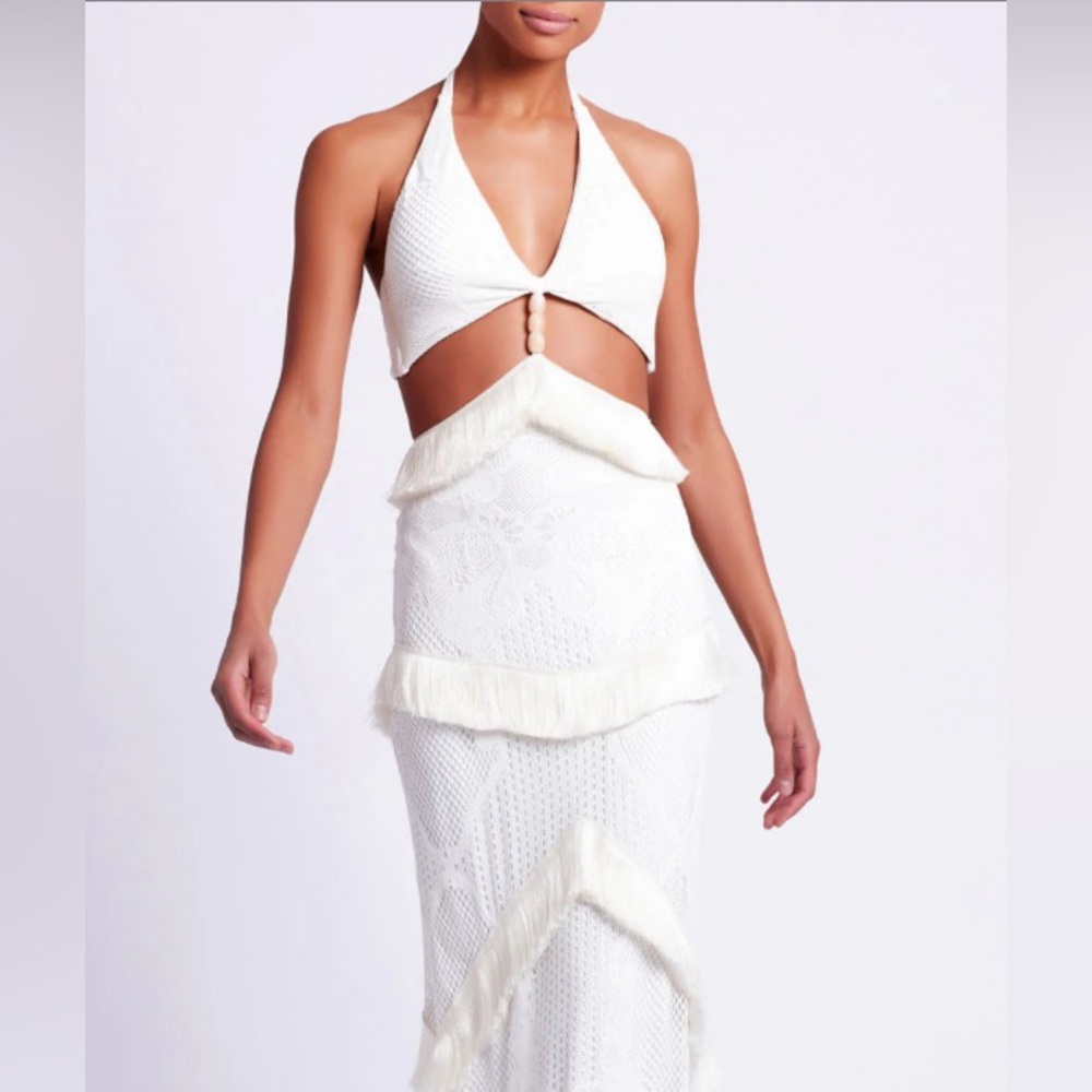 PatBo Maxi Fringe Halter Dress.